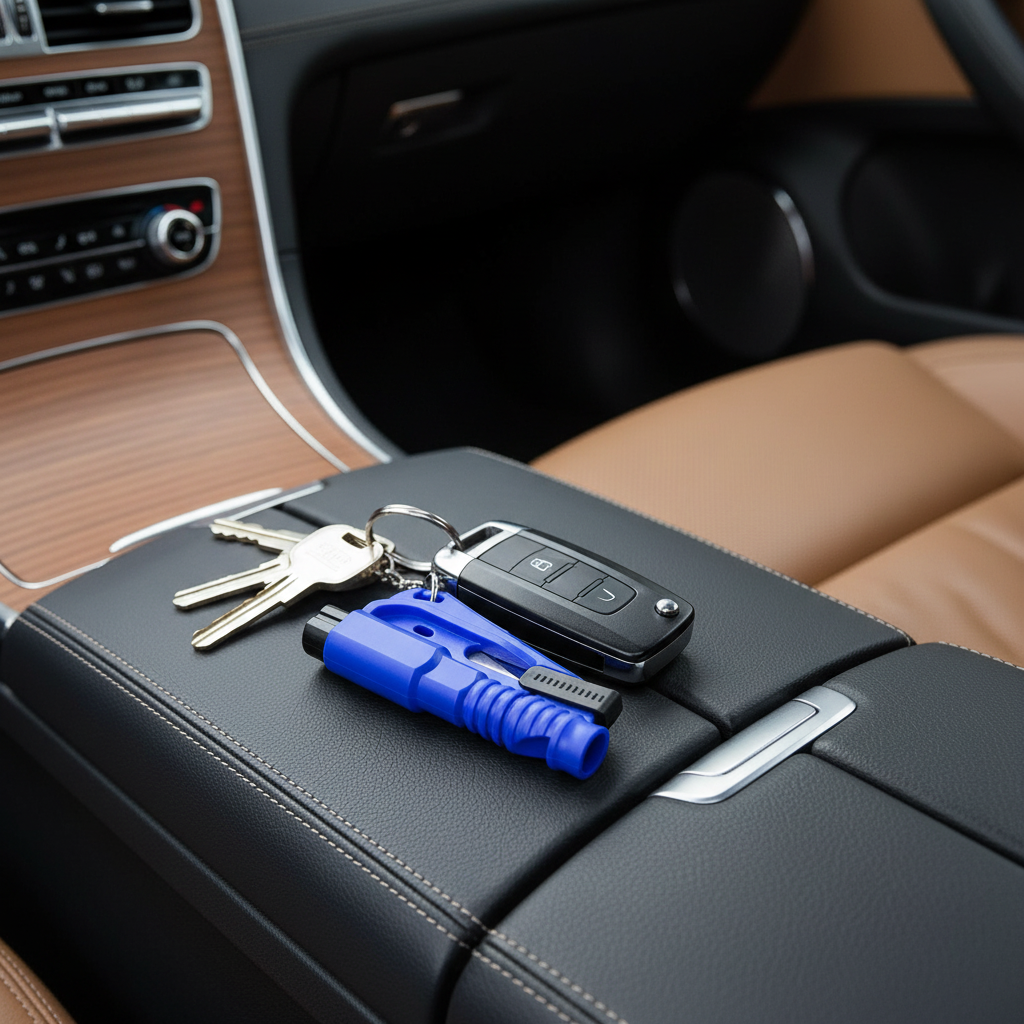 Seat belt cutter with built-in emergency whistle for vehicle safety
