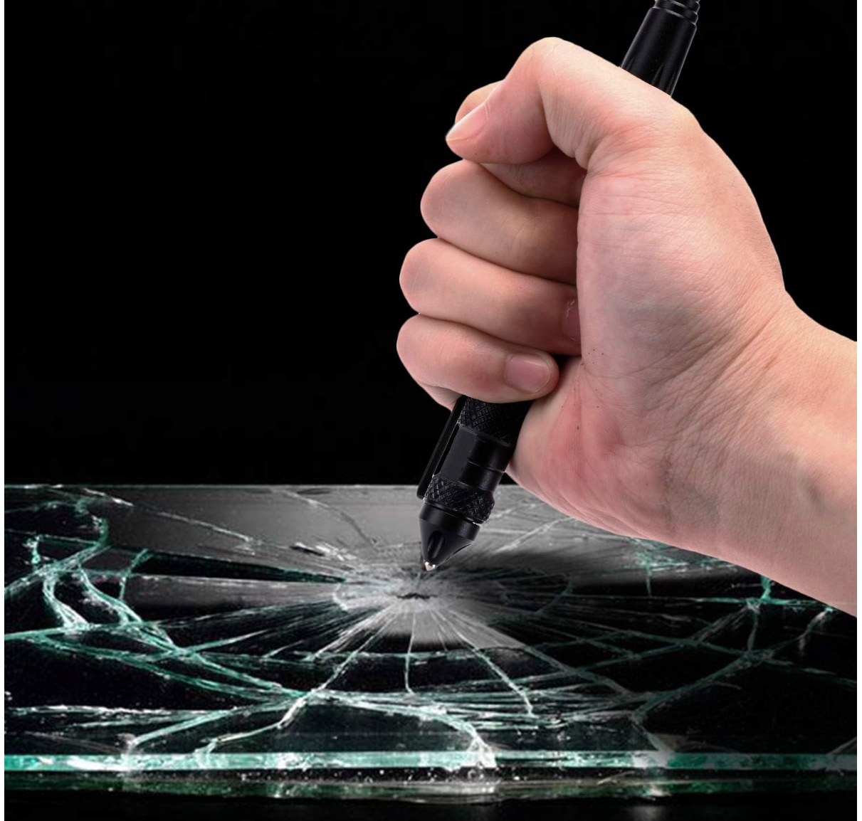 Black Emergency window breaker pen designed to shatter car windows in an emergency.
