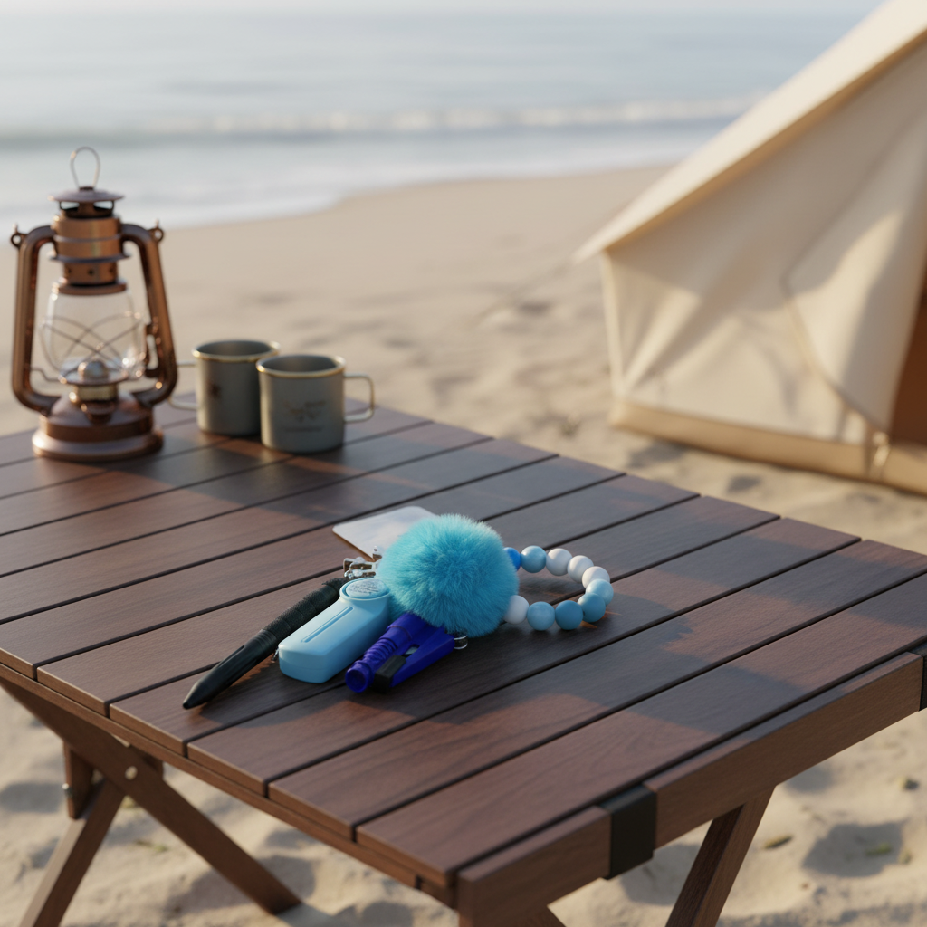 Wooden table on a beach with camping gear, including a lantern, cups, and SheCamp Secure Multi safety essentials set.