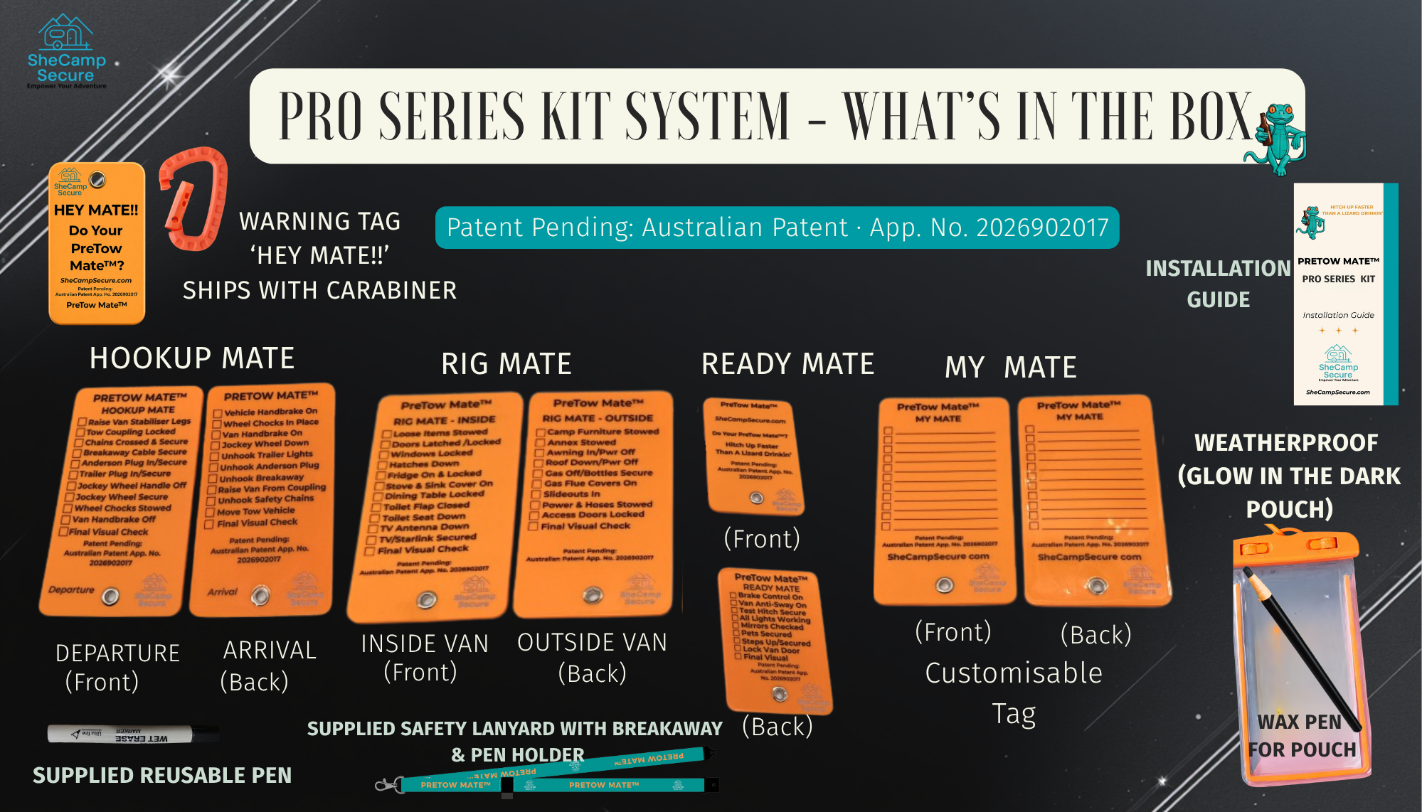 Product layout diagram for the SheCamp Secure PreTow Mate Pro Series Kit System. Includes Hookup Mate, Rig Mate, Ready Mate, and the customisable 'My Mate' tags, alongside the 'Hey Mate!!' warning tag with carabiner, installation guide, teal safety lanyard, and a reusable pen. This upgraded kit explicitly features an orange weatherproof, glow-in-the-dark pouch containing a wax pen.