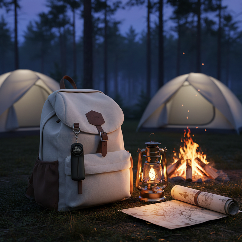 Backpack, lantern, and map near a campfire with tents in the background at night with SheCamp Secure black safety alarm.