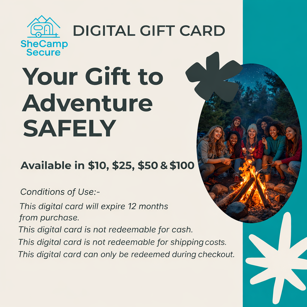 SheCamp Secure™  digital gift card for women’s travel safety essentials, featuring camping scene and available values