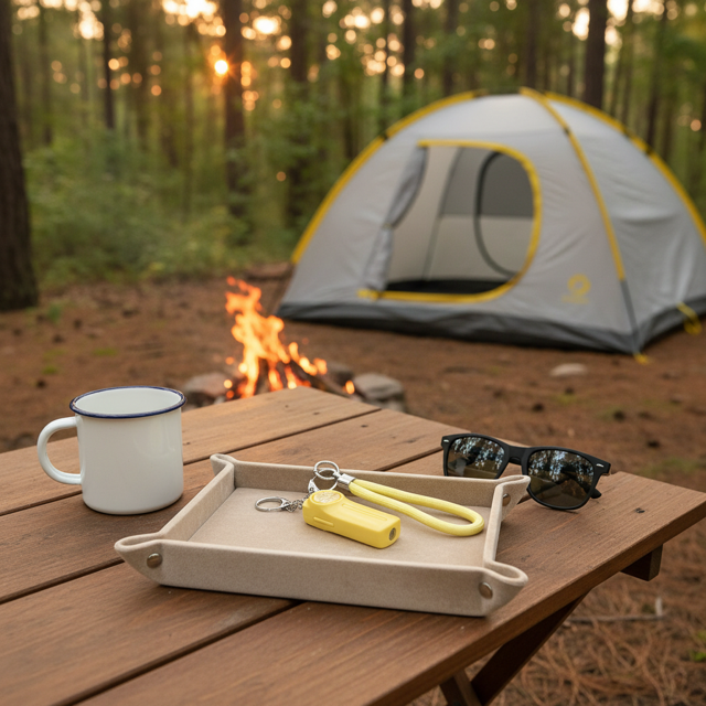 SheCamp Secure Loop™  wristlet in yellow, designed for women campers and caravanners to keep keys and safety tools close at hand.