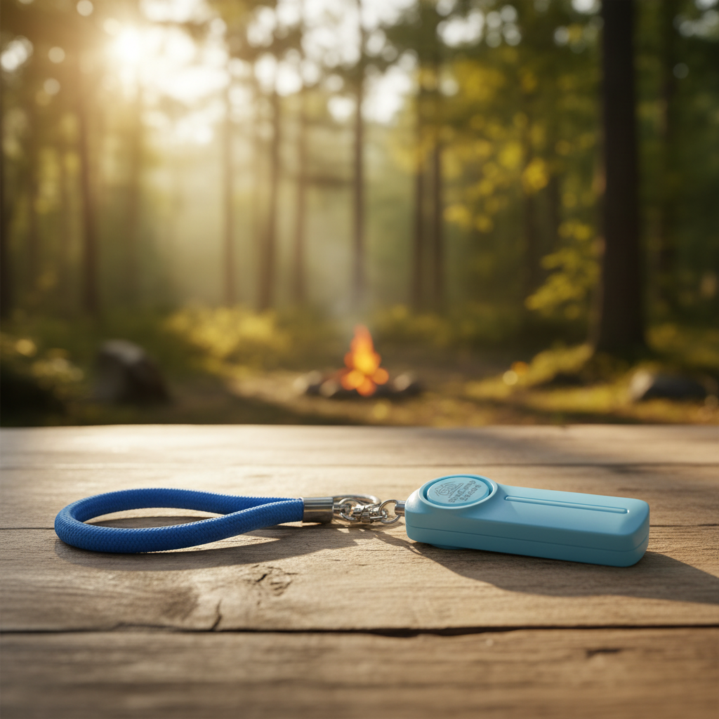 SheCamp Secure Loop™  wristlet in Blue, designed for women campers and caravanners to keep keys and safety tools close at hand.