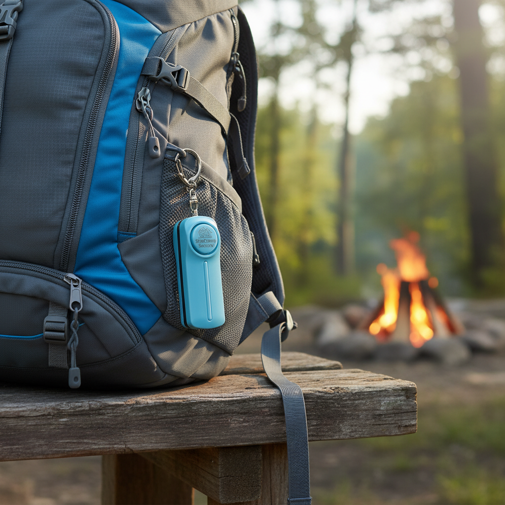 Backpack on a wooden bench in front of a campfire in the woods with SheCamp Secure Blue personal safety device.
