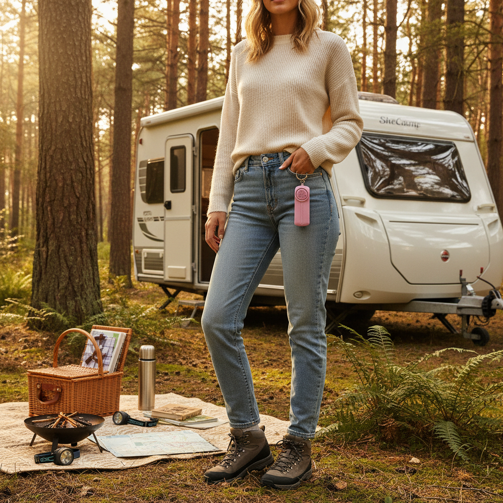 SheCamp Secure Pink personal safety alarm in the wild, designed for women campers and caravanners.