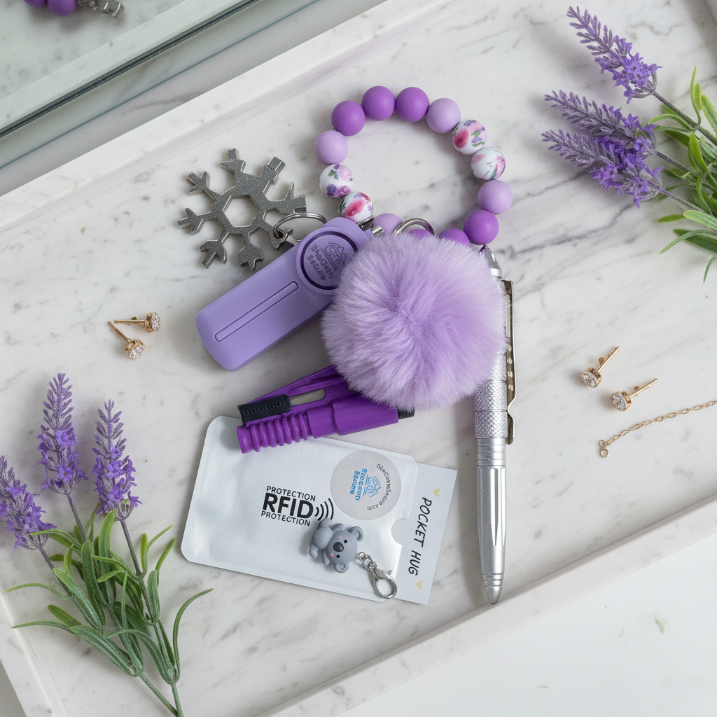 Purple SheCamp Secure multi safety accessories, Australian legal,  including a bracelet, keychain, and pouch on a marble surface with lavender flowers.