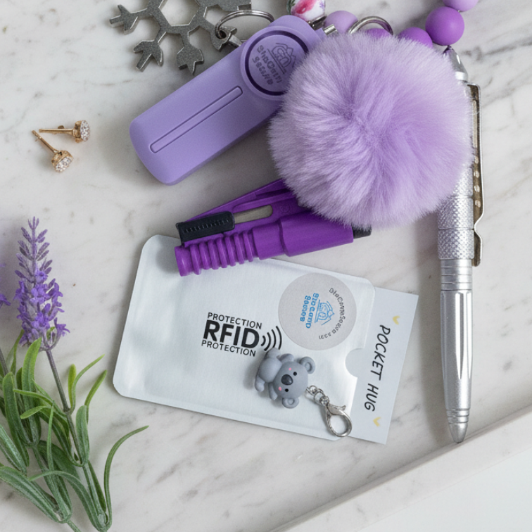 Safety Keychain Purple SheCamp Secure multi safety accessories, Australian legal,  including a bracelet, keychain, and pouch on a marble surface with lavender flowers.