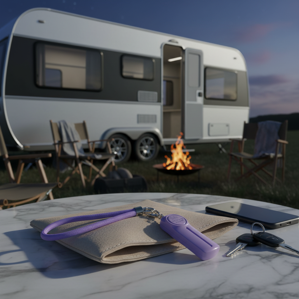 Table with SheCamp Secure purple personal safety alarm, Australian legal keychain  in front of a camper trailer with a campfire at sunset.