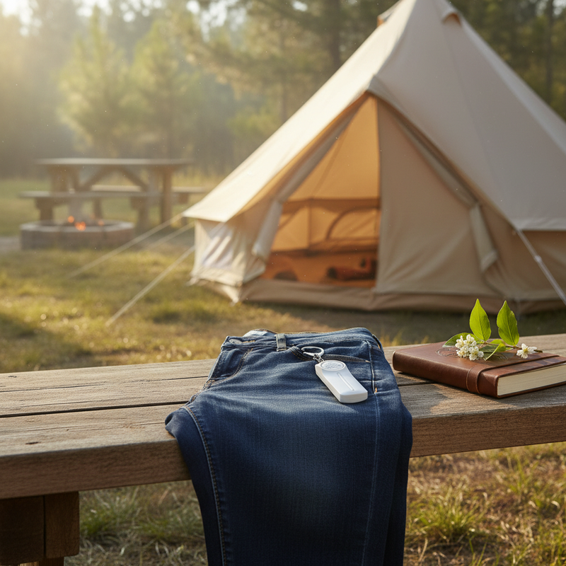 Camping scene with a tent, picnic table, and jeans in the foreground with SheCamp Secure white personal safety alarm.