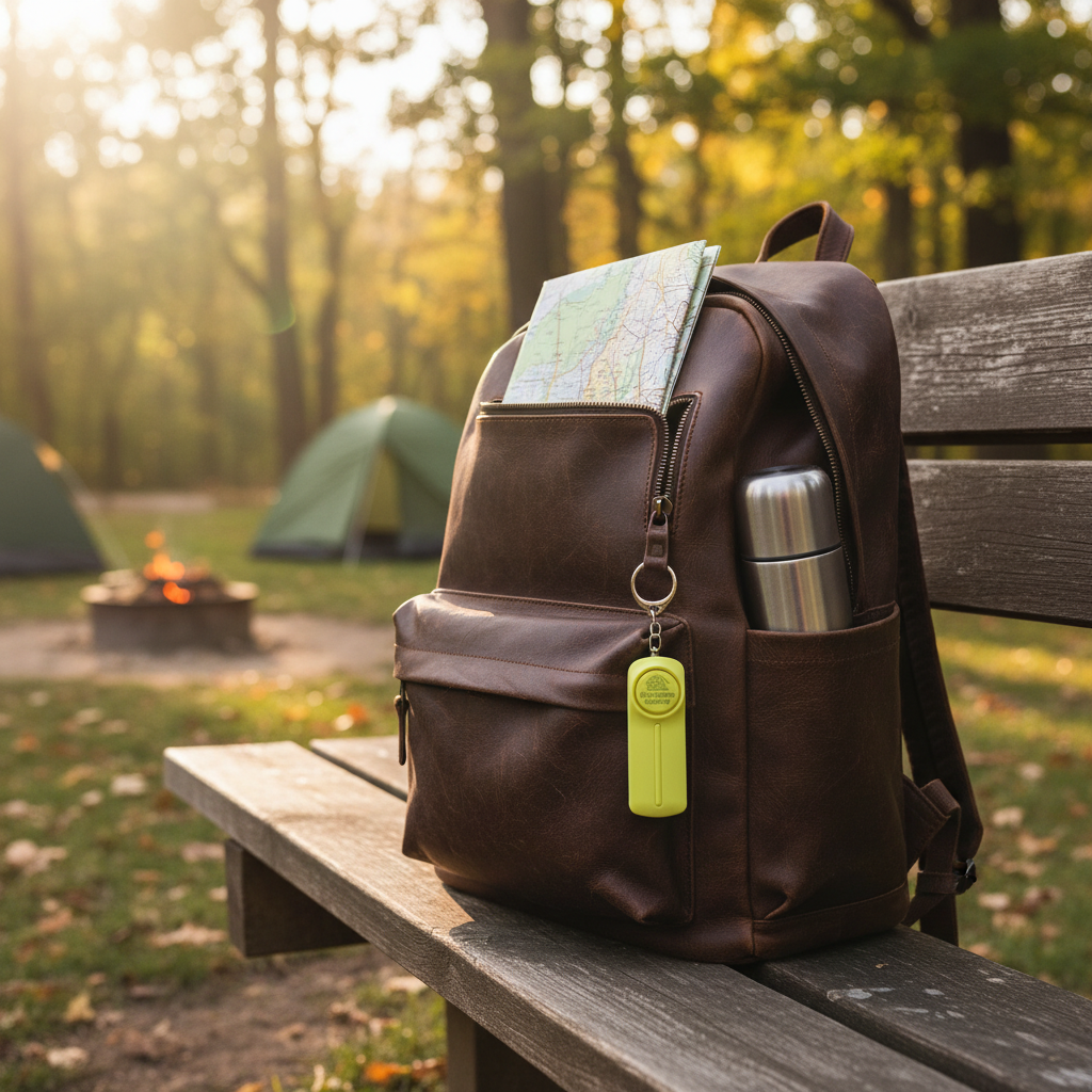 Brown backpack with a map and thermos on a wooden bench in a camping area with yellow shecamp secure personal safety alarm.