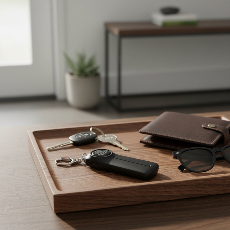 Wooden tray with keys, wallet, and sunglasses and a SheCamp Secure black personal safety alarm on a light wooden surface.