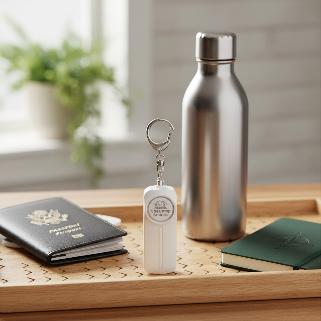 Silver water bottle, SheCamp Secure white keychain personal alarm safety device, and passport on a wooden surface with a blurred indoor background.