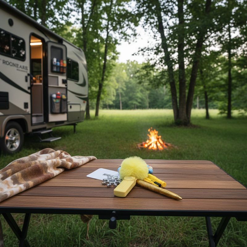 Yellow SheCamp Secure essentials set, multi safety accessories, Australian Legal, on a Wooden table with camping gear in front of an RV and campfire in a forest setting