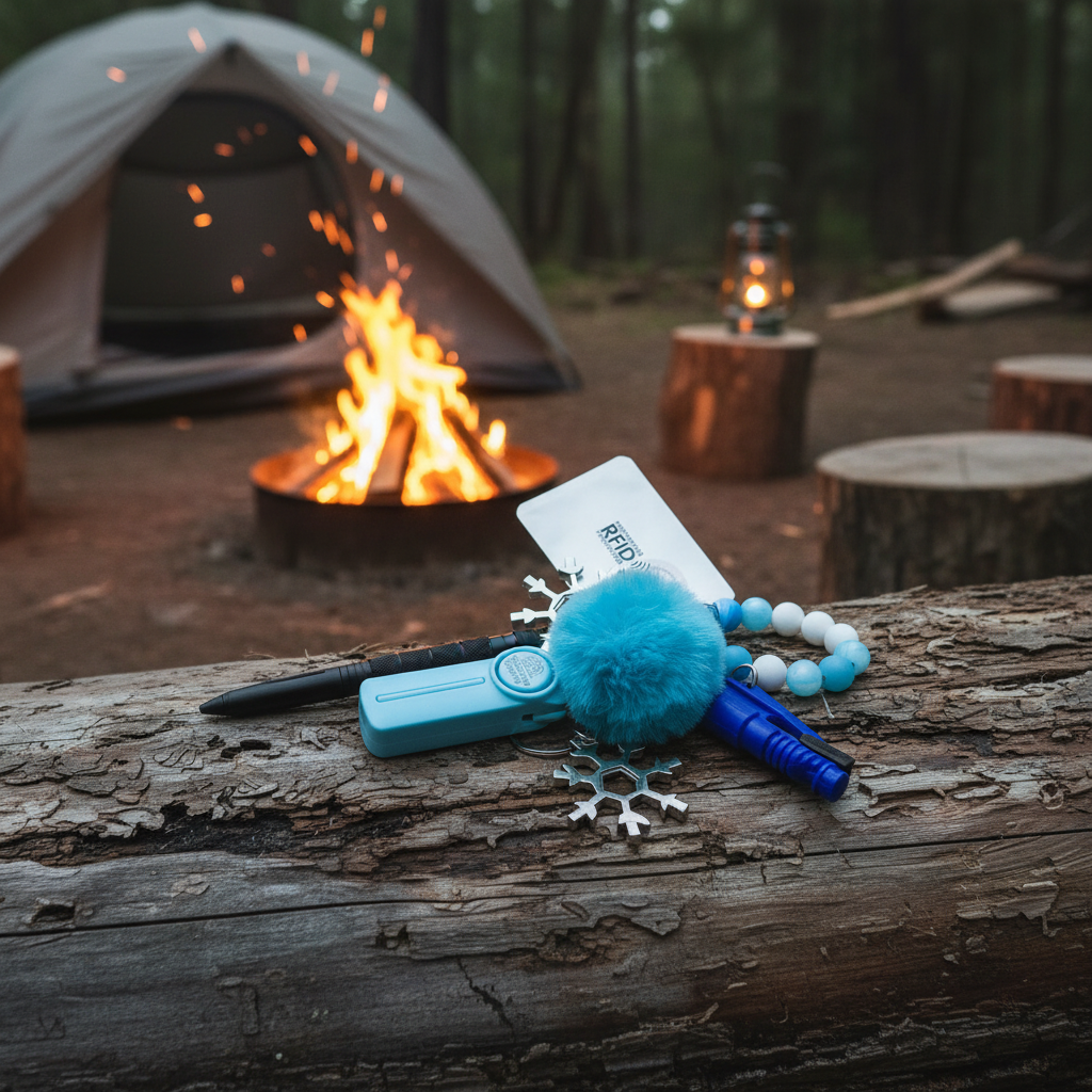 Camping scene with a fire, tent, and keychain on a log with SheCamp Secure Essential Set