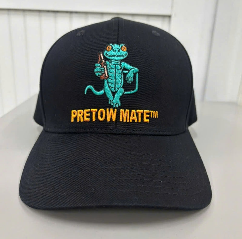 Front view of a structured black baseball cap. It features a detailed embroidered logo of a turquoise Gecko with orange eyes holding a brown beer bottle. Below the mascot, the brand name "PRETOW MATE™" is embroidered in bold orange text.