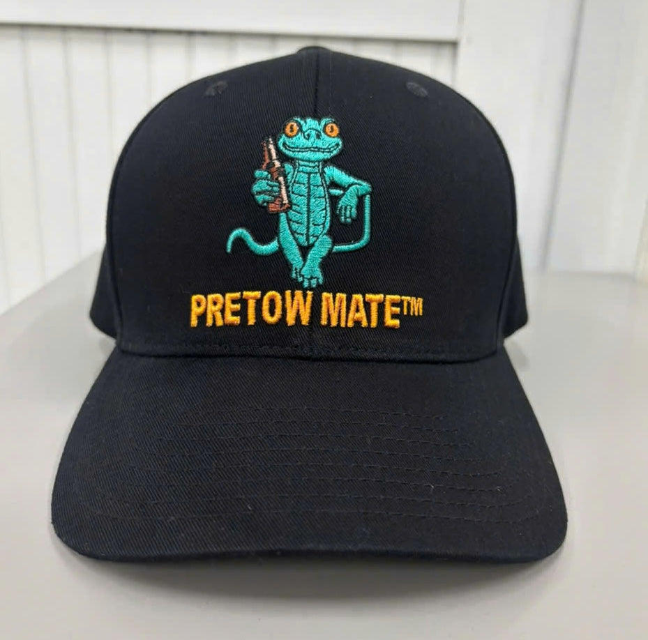 Front view of a structured black baseball cap. It features a detailed embroidered logo of a turquoise Gecko with orange eyes holding a brown beer bottle. Below the mascot, the brand name "PRETOW MATE™" is embroidered in bold orange text.