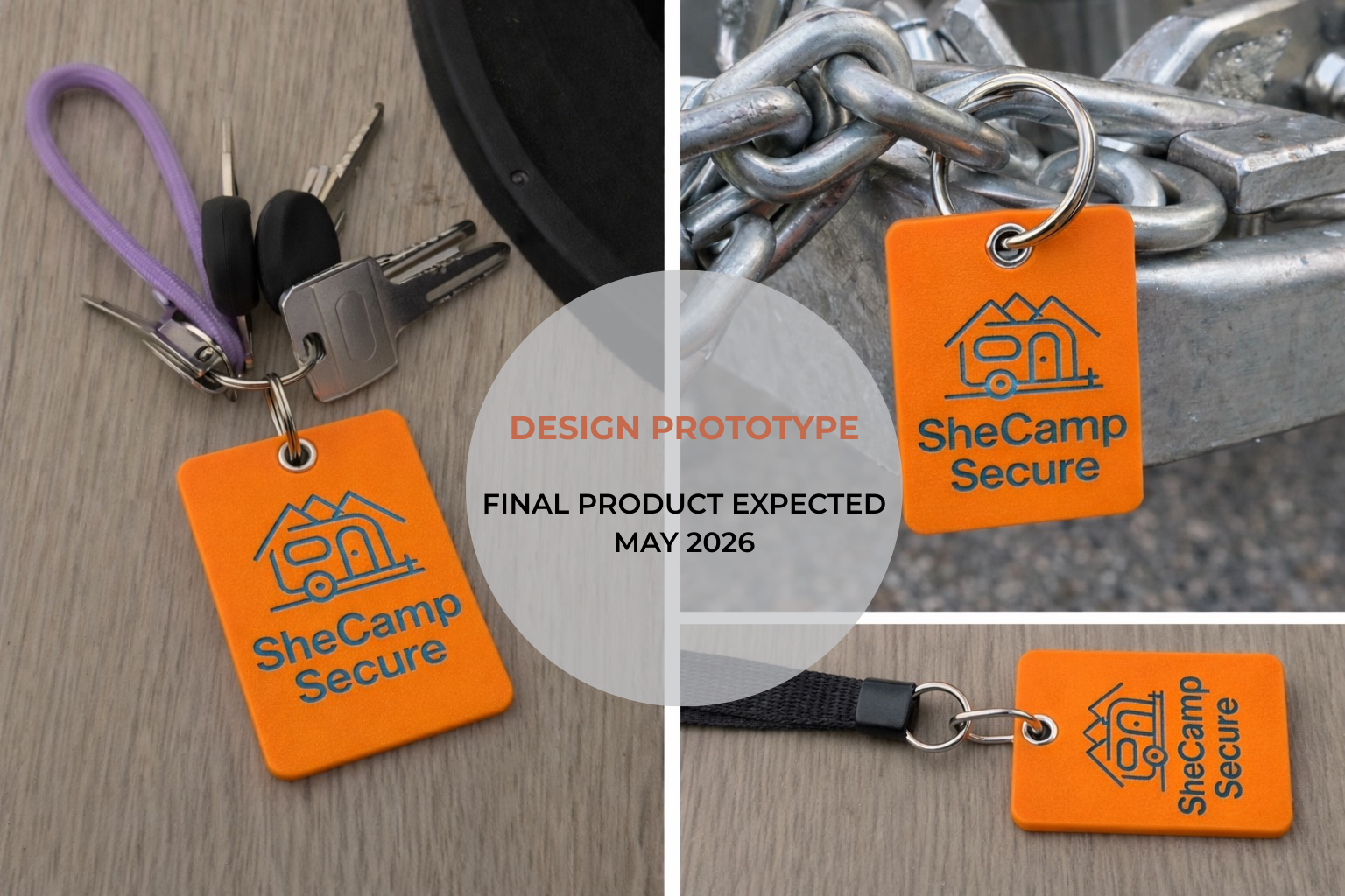 Design prototype of PreTow Mate caravan safety checklist tags in high-vis orange, shown on a caravan drawbar, lanyard and tow vehicle key ring. Expected launch May 2026 by SheCamp Secure.