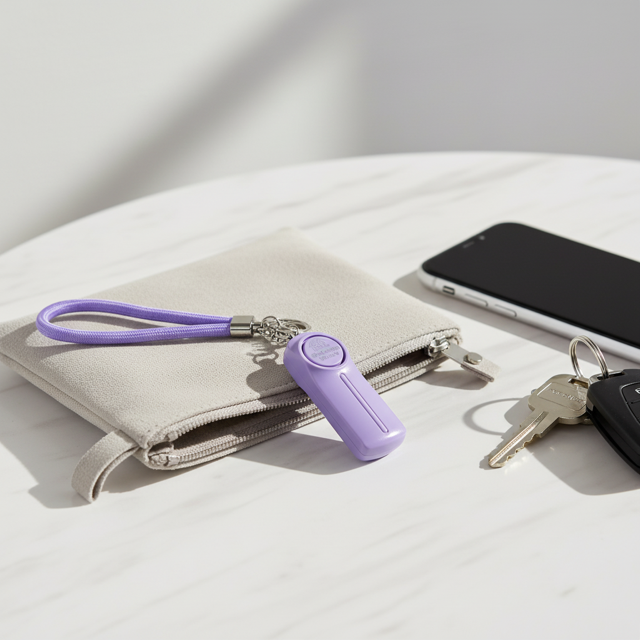 SheCamp Secure Loop™  wristlet in Purple, designed for women campers and caravanners to keep keys and safety tools close at hand.