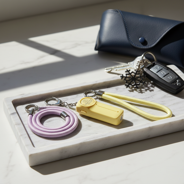 SheCamp Secure Loop™  wristlet in Yellow, designed for women campers and caravanners to keep keys and safety tools close at hand.