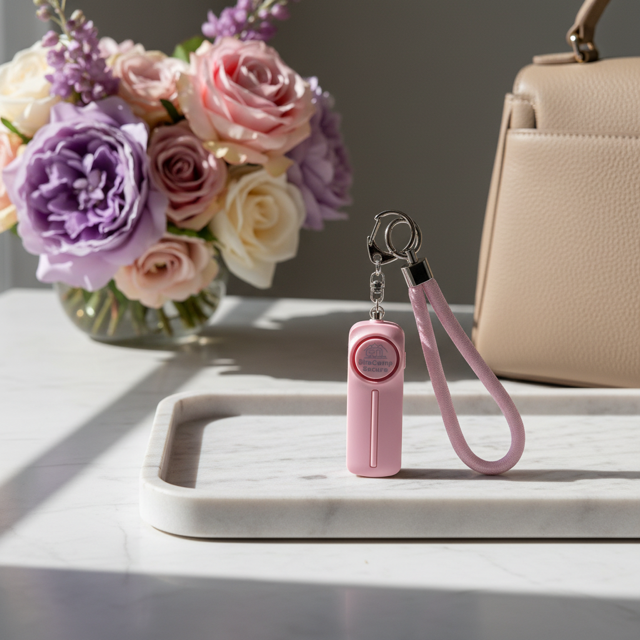 SheCamp Secure Loop™  wristlet in Pink, designed for women campers and caravanners to keep keys and safety tools close at hand.