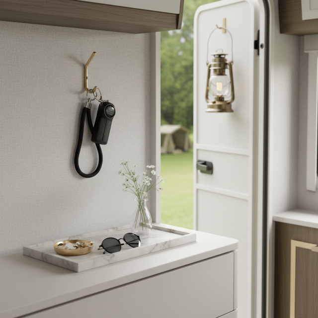 SheCamp Secure Loop™  wristlet in Black, designed for women campers and caravanners to keep keys and safety tools close at hand.