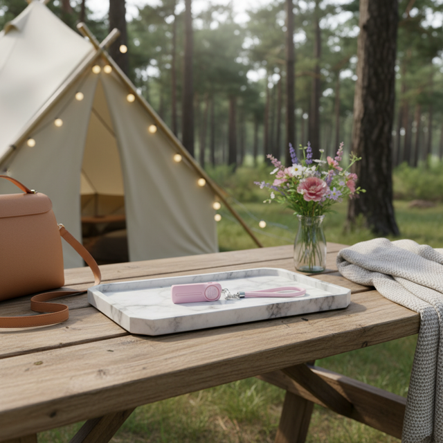 SheCamp Secure Loop™  wristlet in pink, designed for women campers and caravanners to keep keys and safety tools close at hand.