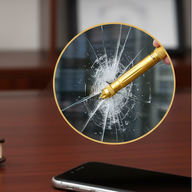 The SheCamp Secure™ Gold Window Breaker Safety Pen designed for fast glass-breaking response in critical situations.