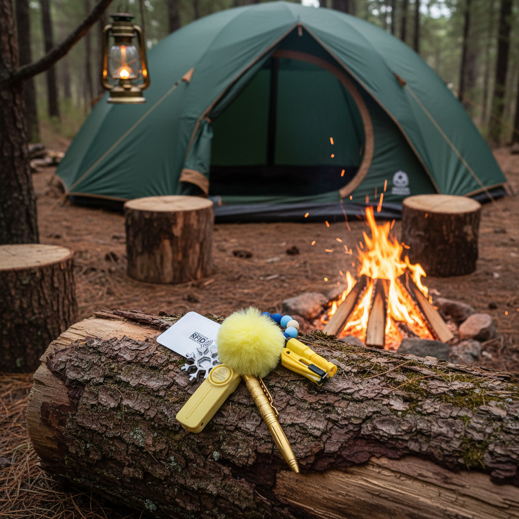 Yellow SheCamp Secure essentials set in yellow, Camping scene with a tent, campfire, and camping tools on a log.